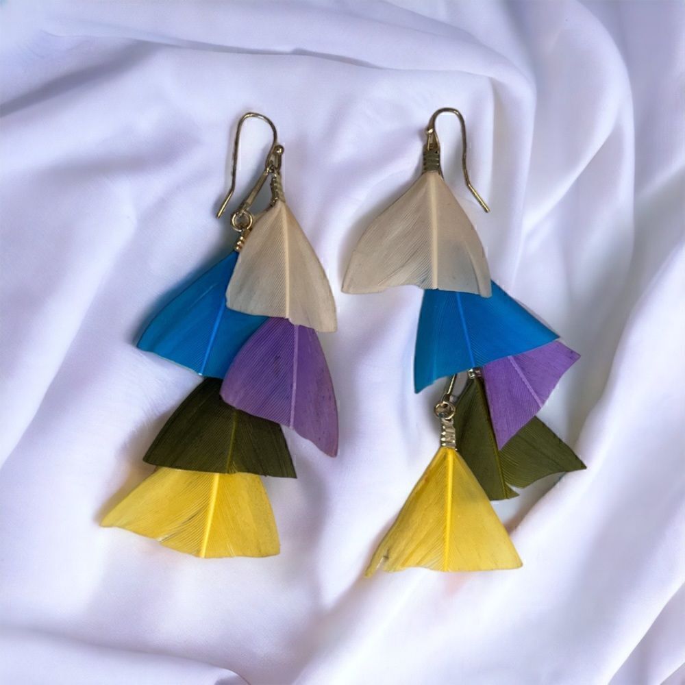 Multicolor Bohemian Handmade 3” dangle feather earrings-New!